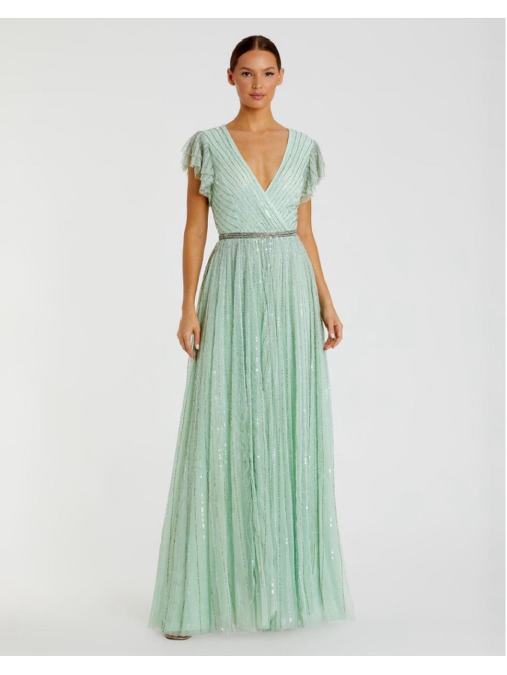 Women's Mac Duggal Embellished Maxi Dress, Size 2, Mint Green and Silver